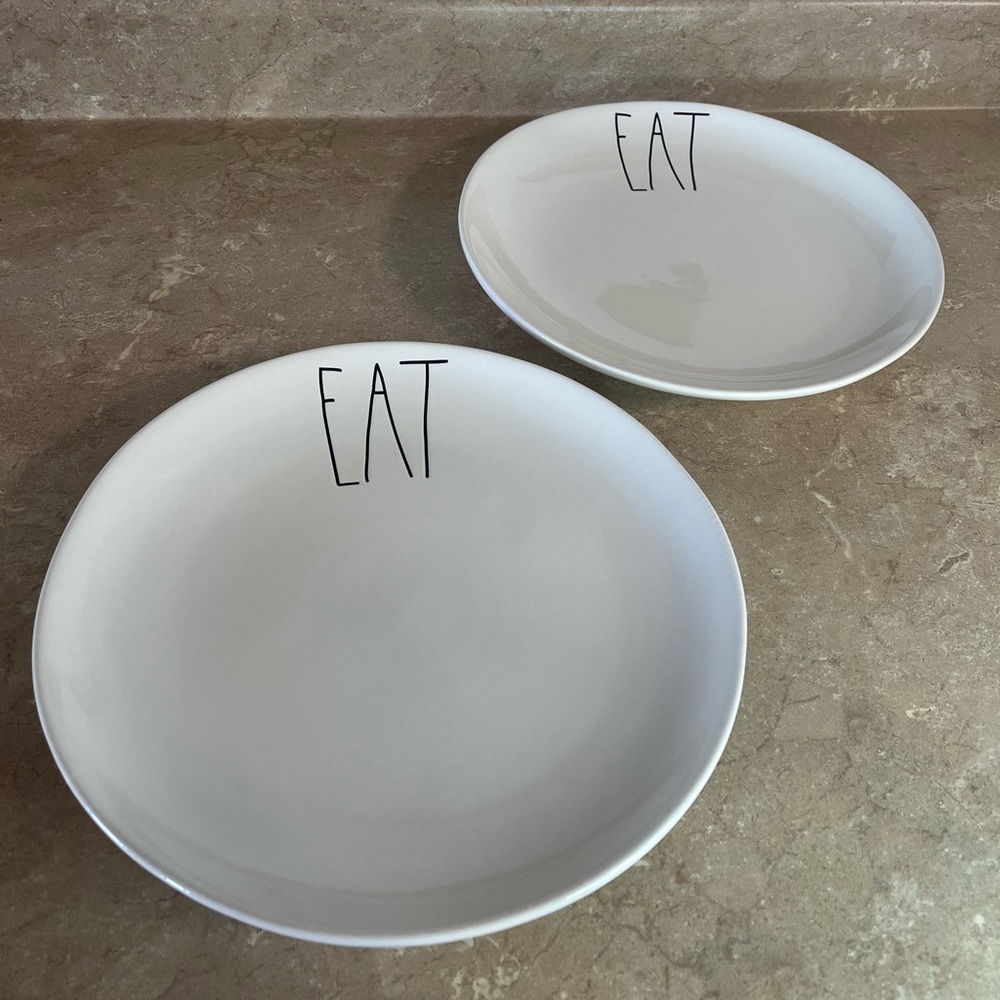 EAT White Ceramic Rae Dunn Plates- Set of 2
